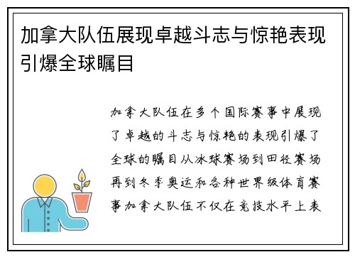 加拿大队伍展现卓越斗志与惊艳表现引爆全球瞩目