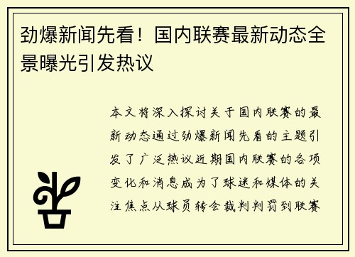 劲爆新闻先看！国内联赛最新动态全景曝光引发热议